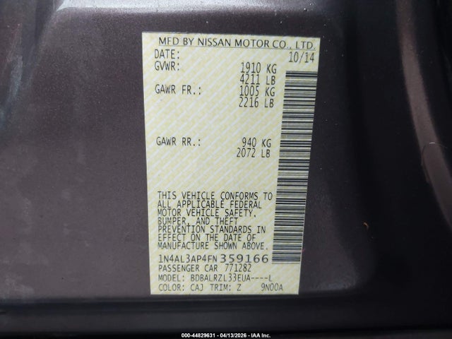 2015 Nissan Altima 2.5 Sl მანქანა იყიდება აუქციონზე, vin: 1N4AL3AP4FN359166, აუქციონის ნომერი: 44829631