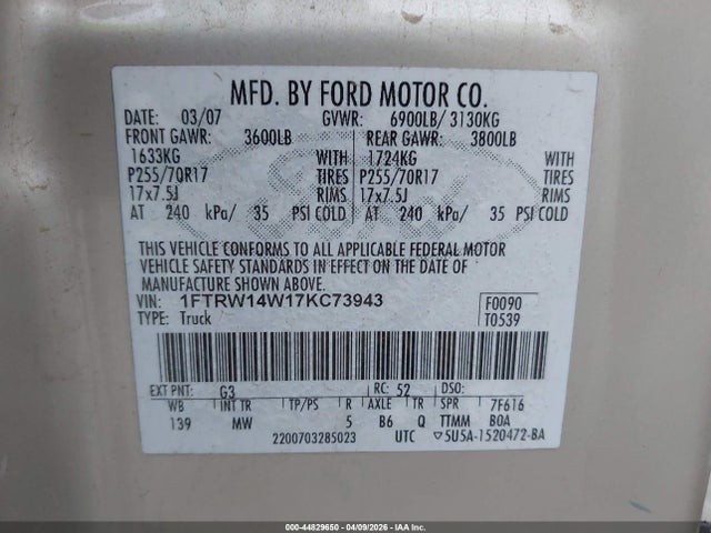 2007 FORD F-150 1FTRW14W17KC73943 Photo 8