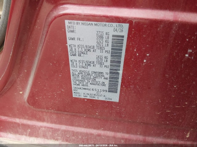5N1AR2MM4GC651199 Nissan Pathfinder Platinum/s/sl/sv