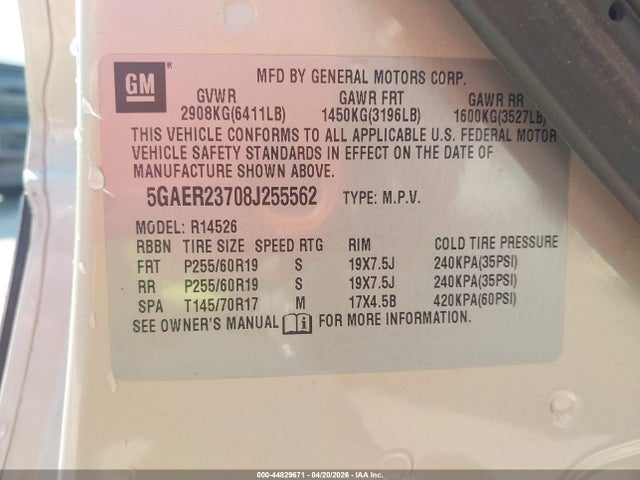 2008 Buick Enclave Cxl მანქანა იყიდება აუქციონზე, vin: 5GAER23708J255562, აუქციონის ნომერი: 44829671