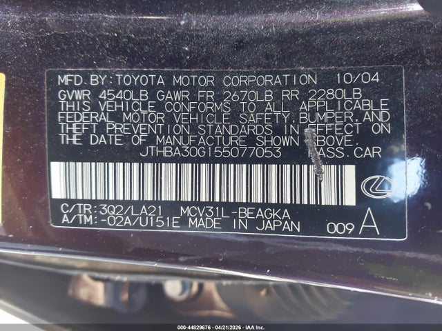 Продаж на аукціоні авто 2005 Lexus Es 330, vin: JTHBA30G155077053, номер лоту: 44829676