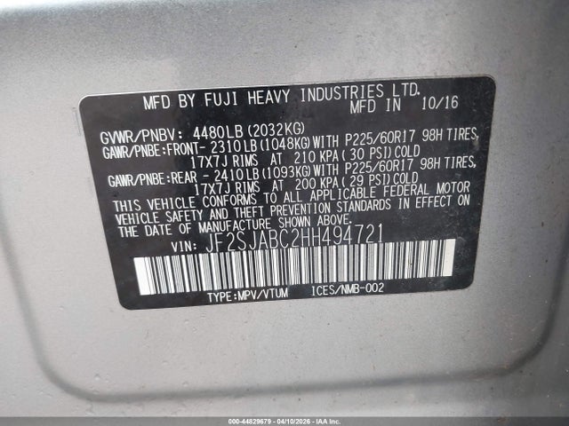 2017 Subaru Forester 2.5i მანქანა იყიდება აუქციონზე, vin: JF2SJABC2HH494721, აუქციონის ნომერი: 44829679