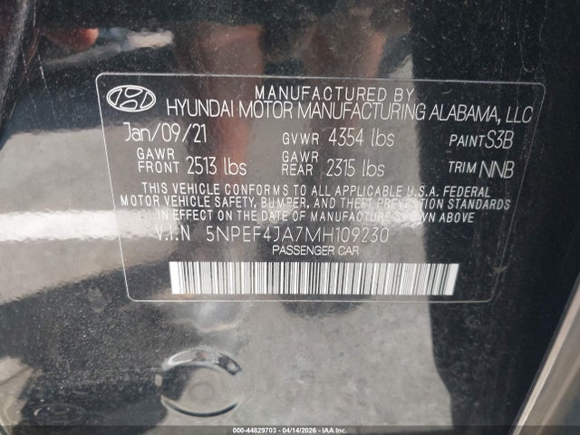 Продажа на аукционе авто 2021 Hyundai Sonata Sel, vin: 5NPEF4JA7MH109230, номер лота: 44829703