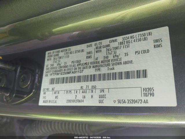 1FTFW1ED0MFA91137 Ford F-150 Xl