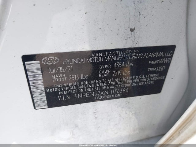 5NPEJ4J2XNH136396 Hyundai Sonata Sel Plus