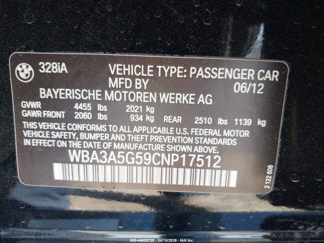 2012 Bmw 328i მანქანა იყიდება აუქციონზე, vin: WBA3A5G59CNP17512, აუქციონის ნომერი: 44829720