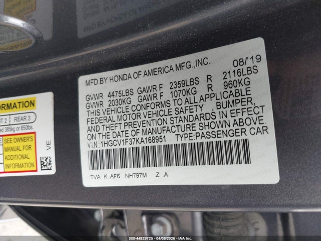 2019 HONDA ACCORD 1HGCV1F37KA168951 Photo 8