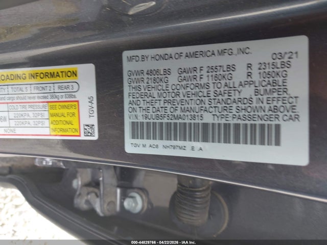 44829766 :رقم المزاد ، 19UUB5F52MA013815 vin ، 2021 Acura Tlx A-spec Package مزاد بيع
