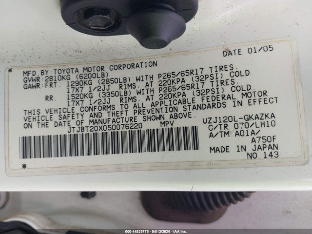 Aukcja sprzedaży 2005 Lexus Gx 470, vin: JTJBT20X050076220, numer aukcji: 44829775