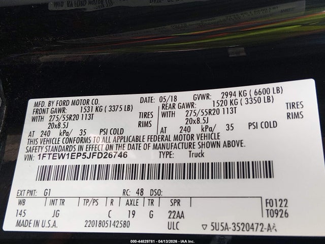 Aukcja sprzedaży 2018 Ford F-150 Xl, vin: 1FTEW1EP5JFD26746, numer aukcji: 44829781