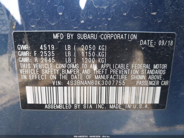 4S3BNAN60K3007755 Subaru Legacy 2.5i Limited