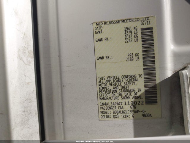 44829790 :رقم المزاد ، 1N4AL2AP6CC119022 vin ، 2012 Nissan Altima 2.5 S مزاد بيع