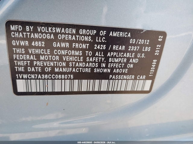 2012 VOLKSWAGEN PASSAT 1VWCN7A36CC068075 Photo 8