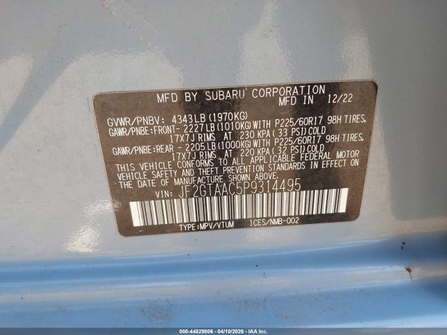 44829806 :رقم المزاد ، JF2GTAAC5P9314495 vin ، 2023 Subaru Crosstrek مزاد بيع
