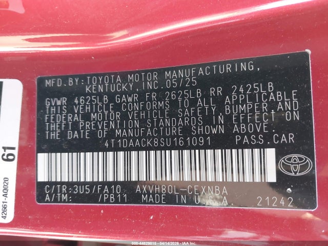 44829815 :رقم المزاد ، 4T1DAACK8SU161091 vin ، 2025 Toyota Camry Le مزاد بيع