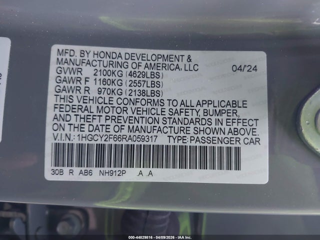 44829816 :رقم المزاد ، 1HGCY2F66RA059317 vin ، 2024 Honda Accord Hybrid Ex-l مزاد بيع