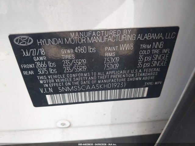 Продаж на аукціоні авто 2019 Hyundai Santa Fe Limited 2.0t, vin: 5NMS5CAA5KH019231, номер лоту: 44829835