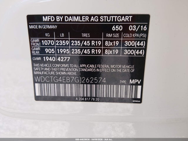 44829836 :رقم المزاد ، WDCTG4EB7GJ262574 vin ، 2016 Mercedes-benz Gla 250 مزاد بيع
