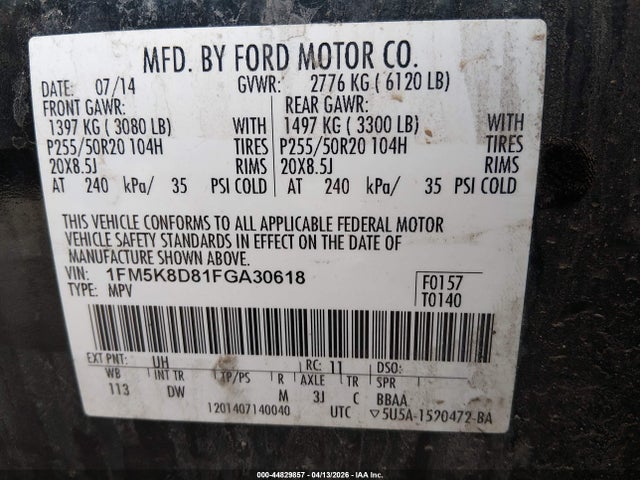 44829857 :رقم المزاد ، 1FM5K8D81FGA30618 vin ، 2015 Ford Explorer Xlt مزاد بيع