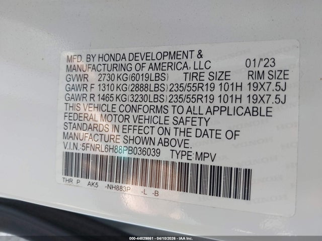 2023 Honda Odyssey Touring მანქანა იყიდება აუქციონზე, vin: 5FNRL6H88PB036039, აუქციონის ნომერი: 44829861