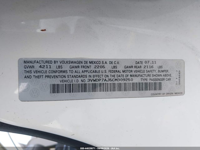 Продаж на аукціоні авто 2012 Volkswagen Jetta 2.5l Se, vin: 3VWDP7AJ5CM309250, номер лоту: 44829871
