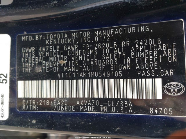 44829890 :رقم المزاد ، 4T1G11AK1MU549105 vin ، 2021 Toyota Camry Se مزاد بيع
