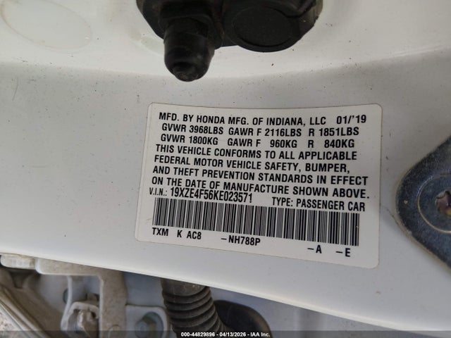 2019 Honda Insight Ex მანქანა იყიდება აუქციონზე, vin: 19XZE4F56KE023571, აუქციონის ნომერი: 44829896