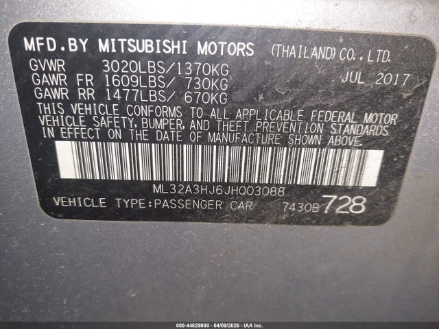 Aukcja sprzedaży 2018 Mitsubishi Mirage Es, vin: ML32A3HJ6JH003088, numer aukcji: 44829908