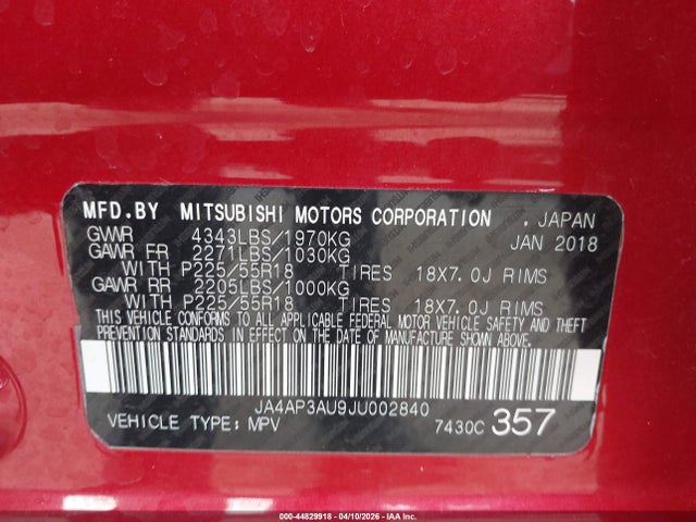 Продажа на аукционе авто 2018 Mitsubishi Outlander Sport 2.0 Es, vin: JA4AP3AU9JU002840, номер лота: 44829918