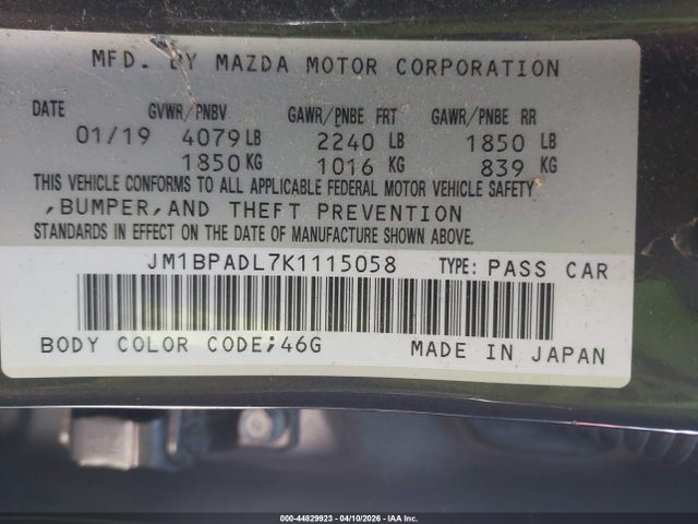 44829923 :رقم المزاد ، JM1BPADL7K1115058 vin ، 2019 Mazda Mazda3 Preferred Package مزاد بيع