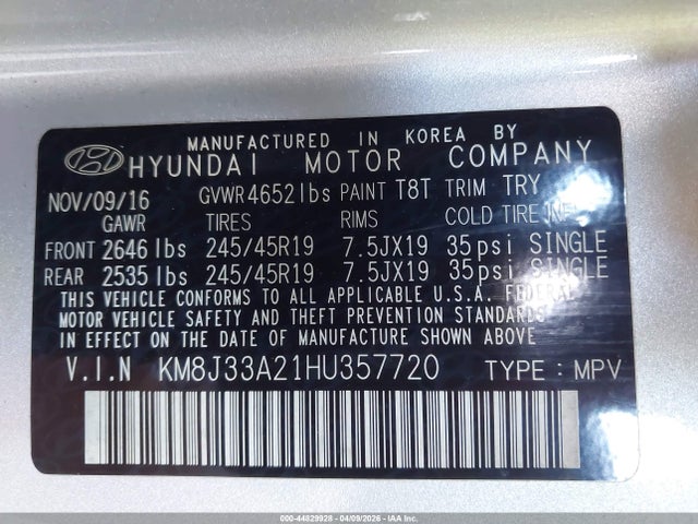 KM8J33A21HU357720 Hyundai Tucson Limited