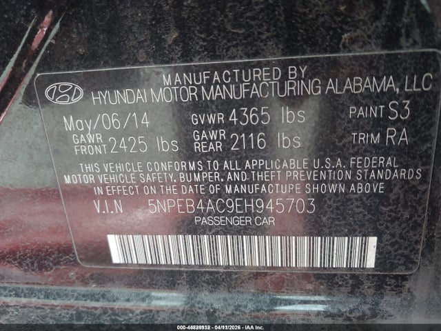 Aukcja sprzedaży 2014 Hyundai Sonata Gls, vin: 5NPEB4AC9EH945703, numer aukcji: 44829932