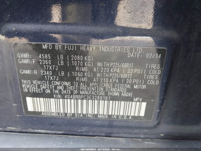 Продажа на аукционе авто 2014 Subaru Outback 2.5i Limited, vin: 4S4BRBPC3E3289161, номер лота: 44829934