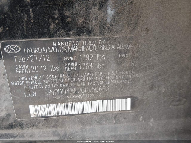 44829935 :رقم المزاد ، 5NPDH4AE2CH150663 vin ، 2012 Hyundai Elantra Gls مزاد بيع