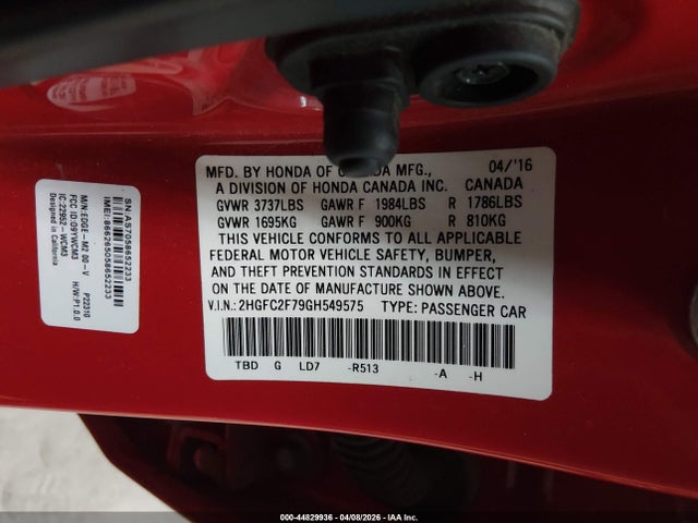 Продаж на аукціоні авто 2016 Honda Civic Ex, vin: 2HGFC2F79GH549575, номер лоту: 44829936