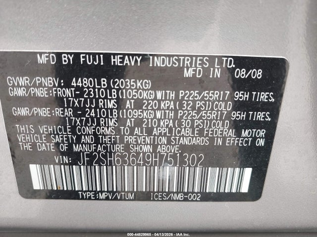 2009 Subaru Forester 2.5x მანქანა იყიდება აუქციონზე, vin: JF2SH63649H751302, აუქციონის ნომერი: 44829965