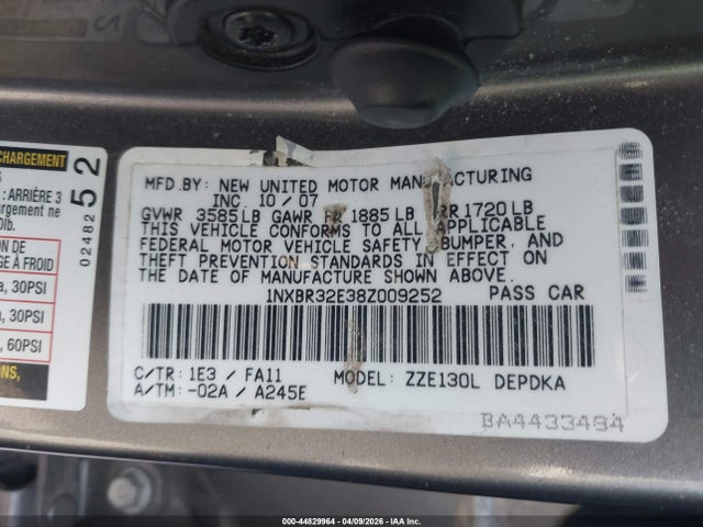 Aukcja sprzedaży 2008 Toyota Corolla Ce, vin: 1NXBR32E38Z009252, numer aukcji: 44829964