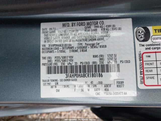 Продаж на аукціоні авто 2012 Ford Fusion Se, vin: 3FAHP0HA8CR180186, номер лоту: 44829968