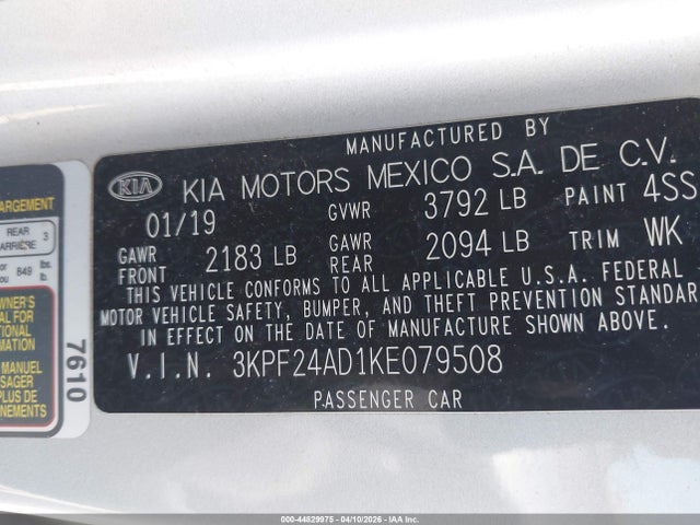 Продажа на аукционе авто 2019 Kia Forte Lxs, vin: 3KPF24AD1KE079508, номер лота: 44829975