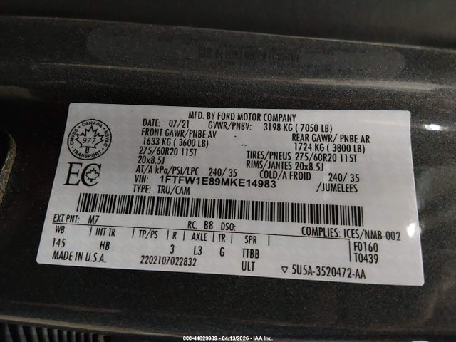 Продаж на аукціоні авто 2021 Ford F-150 Lariat, vin: 1FTFW1E89MKE14983, номер лоту: 44829989
