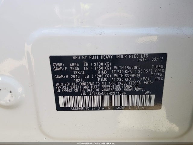 Aukcja sprzedaży 2017 Subaru Outback 2.5i Limited, vin: 4S4BSANC7H3374896, numer aukcji: 44829998