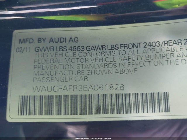 Auction sale of the 2011 Audi A5 2.0t Premium, vin: WAUCFAFR3BA061828, lot number: 44830001