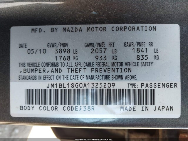 44830018 :رقم المزاد ، JM1BL1SG0A1325209 vin ، 2010 Mazda Mazda3 I Touring مزاد بيع