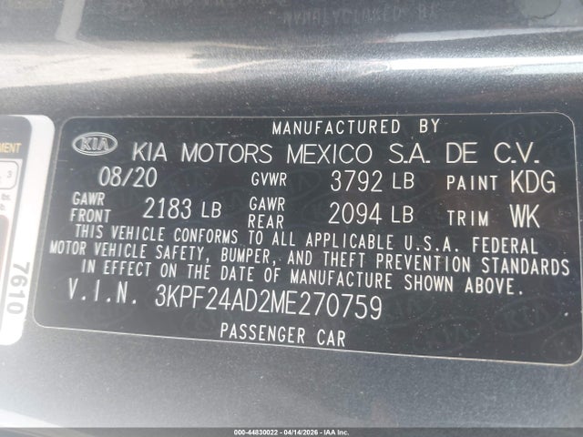 Aukcja sprzedaży 2021 Kia Forte Lxs, vin: 3KPF24AD2ME270759, numer aukcji: 44830022