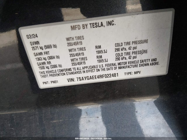 Aukcja sprzedaży 2024 Tesla Model Y Long Range Dual Motor All-wheel Drive, vin: 7SAYGAEE4RF022481, numer aukcji: 44830028