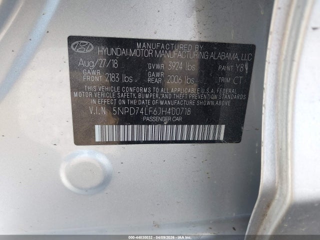Aukcja sprzedaży 2018 Hyundai Elantra Se, vin: 5NPD74LF6JH400718, numer aukcji: 44830032