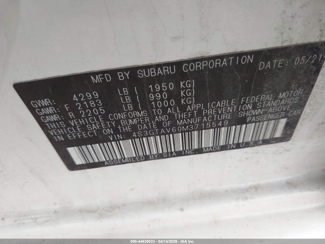 44830033 :رقم المزاد ، 4S3GTAV60M3715549 vin ، 2021 Subaru Impreza Premium 5-door مزاد بيع