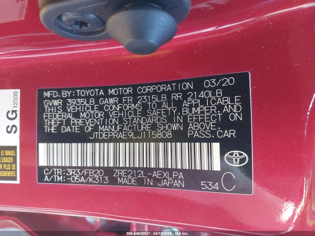 JTDEPRAE9LJ115808 Toyota COROLLA LE
