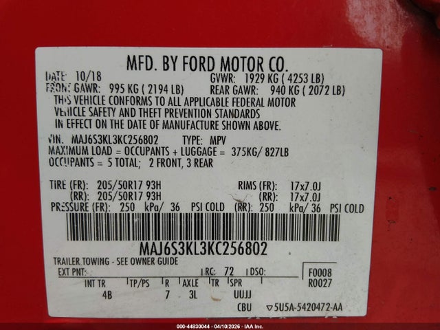 Aukcja sprzedaży 2019 Ford Ecosport Titanium, vin: MAJ6S3KL3KC256802, numer aukcji: 44830044