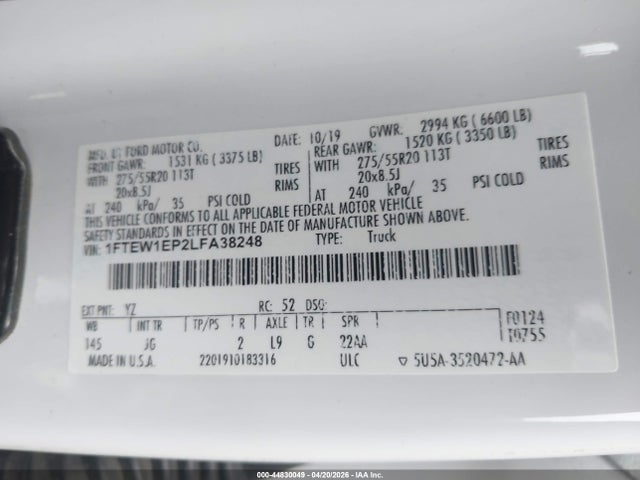 Aukcja sprzedaży 2020 Ford F-150 Xl, vin: 1FTEW1EP2LFA38248, numer aukcji: 44830049